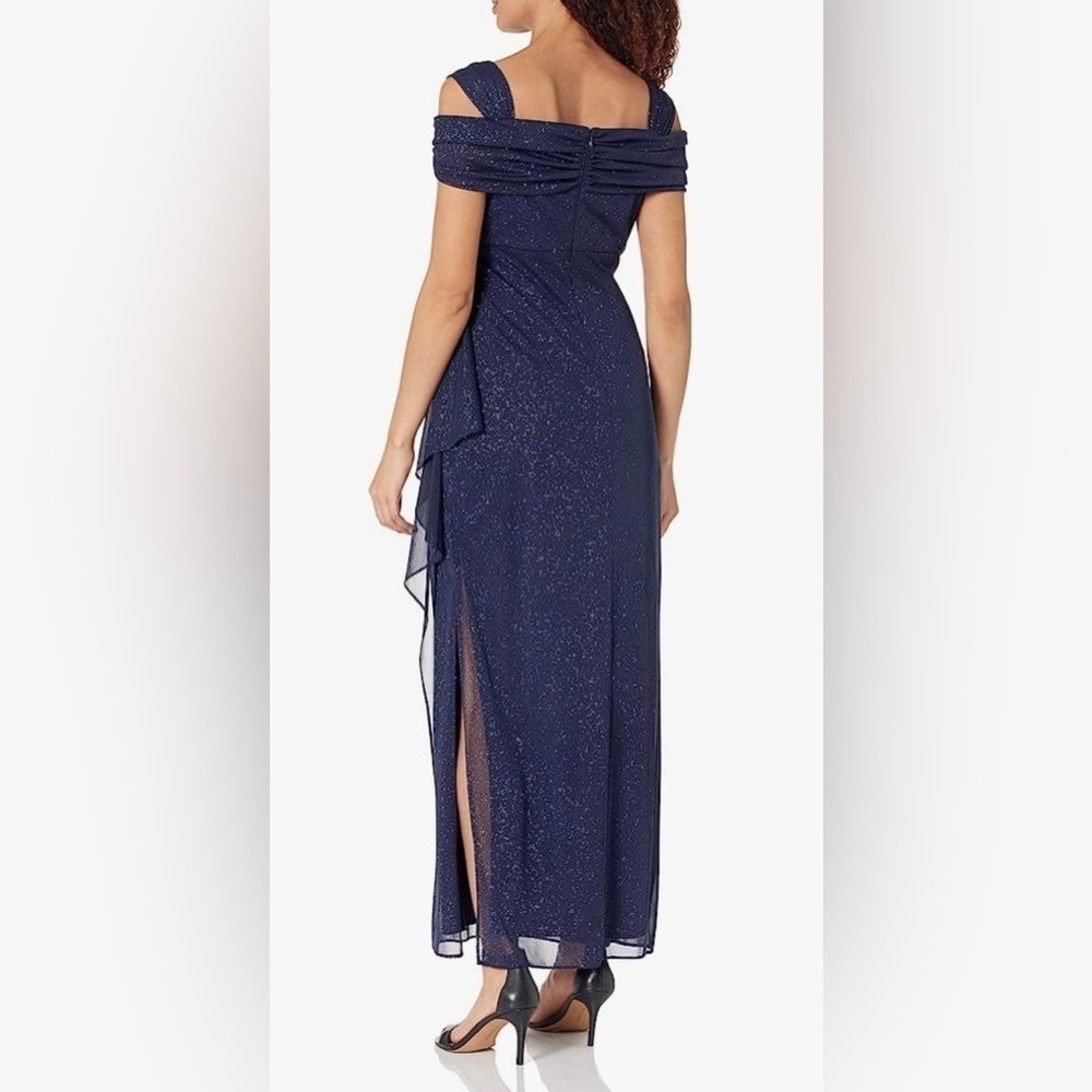 Nwt Alex Evenings Cold Shoulder Glitter Mesh Dress with Draped Skirt & Cowl Neck